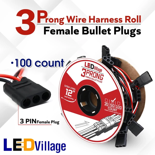 Alt view image 2 of 5 - Ledvillage 100 Counts of 3 Prong Female Bullet Plug Wiring Harness Continuous Wire Harness Roll (12" Lead Spacing Between Plugs) 3 Prong Socket Plug