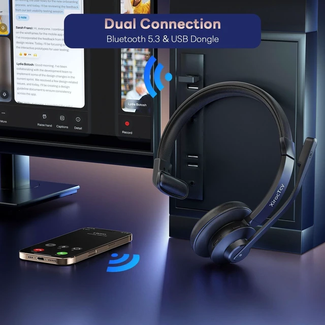 Alt view image 5 of 5 - XirocTcy Wireless Headset with Mic for Work, Bluetooth Headset, Mic Clear Calls, Wireless Headphones with AI Noise Cancelling Microphone (Bluetooth 5.3 & Mic Mute), USB Dongle, for PC/Zo