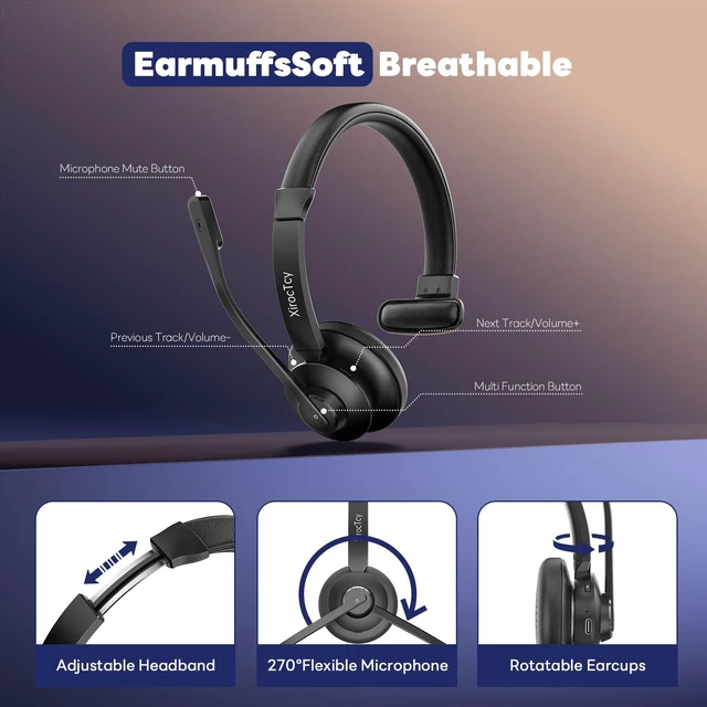 Alt view image 3 of 5 - XirocTcy Wireless Headset with Mic for Work, Bluetooth Headset, Mic Clear Calls, Wireless Headphones with AI Noise Cancelling Microphone (Bluetooth 5.3 & Mic Mute), USB Dongle, for PC/Zo