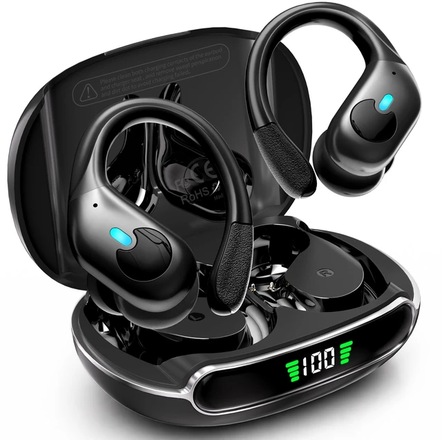 Main image of Active Noise Cancelling Ear Buds Wireless Earbuds 90H Playtime Bluetooth Headphones Stereo Bass Over-Ear Hooks Earphones with Power Display Case IPX7 Waterproof Headset for Workout/Running, Bla