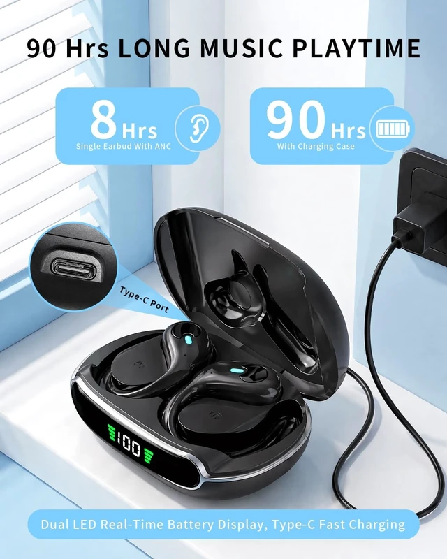 Alt view image 3 of 5 - Active Noise Cancelling Ear Buds Wireless Earbuds 90H Playtime Bluetooth Headphones Stereo Bass Over-Ear Hooks Earphones with Power Display Case IPX7 Waterproof Headset for Workout/Running, Bla