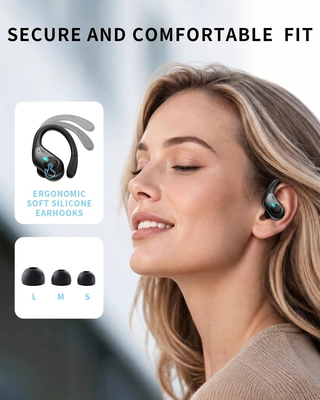 Alt view image 4 of 5 - Active Noise Cancelling Ear Buds Wireless Earbuds 90H Playtime Bluetooth Headphones Stereo Bass Over-Ear Hooks Earphones with Power Display Case IPX7 Waterproof Headset for Workout/Running, Bla