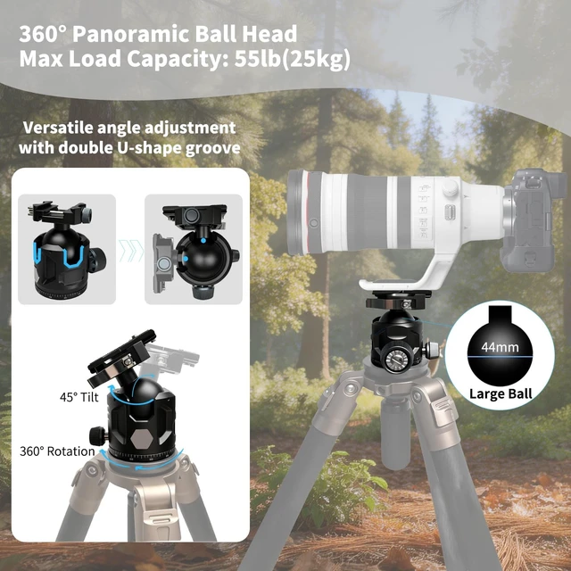 Alt view image 3 of 5 - CINEFORGE Tripod Ball Head, Low Profile 44mm Heavy Duty Ball Head for Tripod with Arca Swiss & Picatinny, 360 Panoramic Quick Release Plate, 55LBS Load Capacity for Hunting Shooting &DSLR Photography