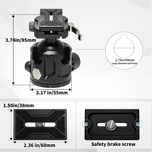 Alt view image 5 of 5 - CINEFORGE Tripod Ball Head, Low Profile 44mm Heavy Duty Ball Head for Tripod with Arca Swiss & Picatinny, 360 Panoramic Quick Release Plate, 55LBS Load Capacity for Hunting Shooting &DSLR Photography