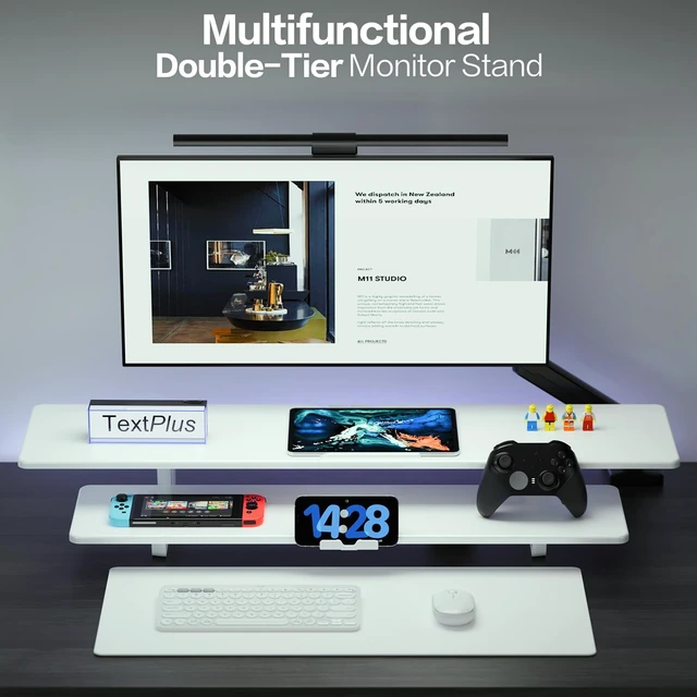 Alt view image 4 of 5 - Dual Monitor Stand Riser, 2-Tier Wooden Desk Shelf with Storage, White
