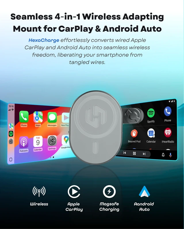 Alt view image 2 of 5 - HexaCharge 4-in-1 Wireless Car Adapter Works with Apple CarPlay and Android Auto, Magnetic Phone Mount with Wireless Charging, Converts Wired to Wireless for iPhone & Android