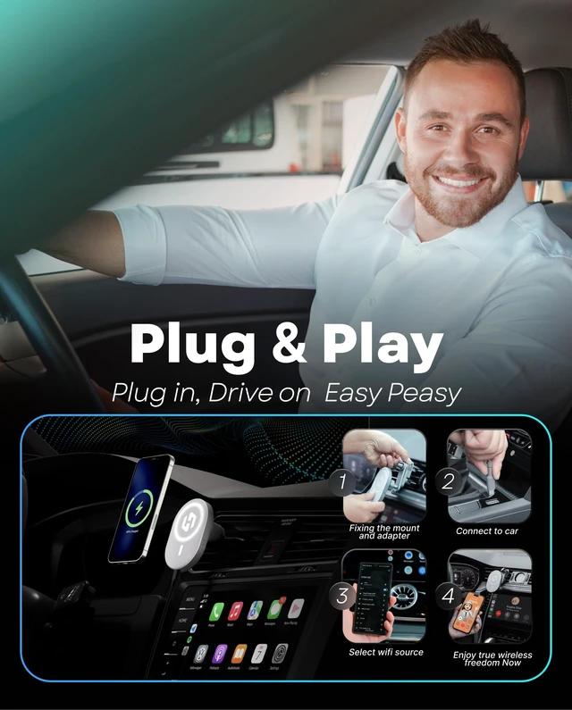 Alt view image 3 of 5 - HexaCharge 4-in-1 Wireless Car Adapter Works with Apple CarPlay and Android Auto, Magnetic Phone Mount with Wireless Charging, Converts Wired to Wireless for iPhone & Android
