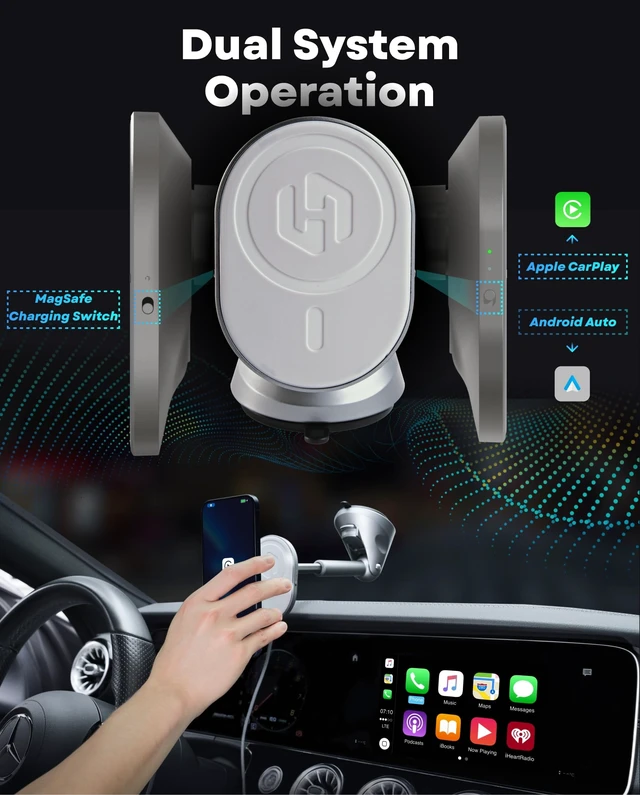 Alt view image 5 of 5 - HexaCharge 4-in-1 Wireless Car Adapter Works with Apple CarPlay and Android Auto, Magnetic Phone Mount with Wireless Charging, Converts Wired to Wireless for iPhone & Android