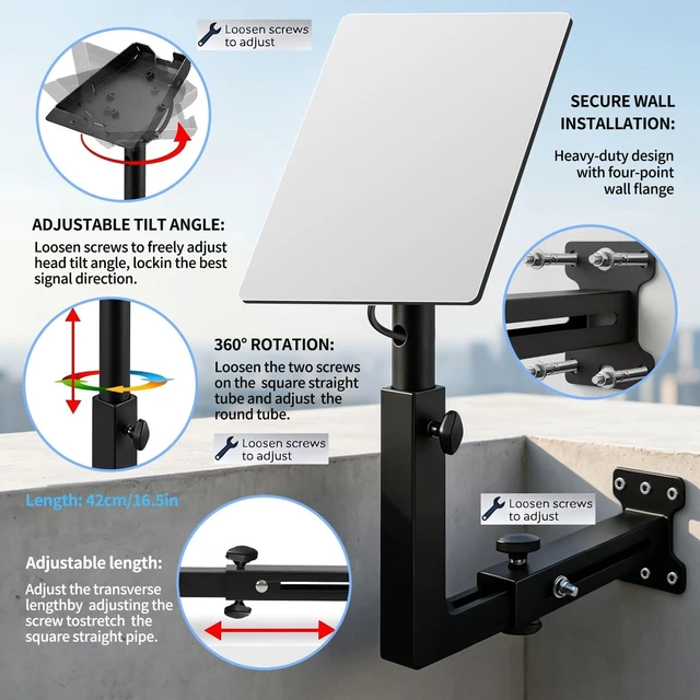 Alt view image 2 of 5 - Starlink Mount Compatible with Starlink Standard 4/4X/V3 ^^ Heavy Duty 0-180 Adjustable Pipe Adapter, Universal Extension Pole & Long Wall Starlink Mount