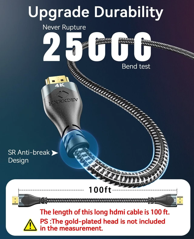 Alt view image 2 of 5 - HXRKDEV 4K HDMI Cable 100Ft, Ultra High Speed HDMI Cable 2.0 Cord Braided (18Gbps), 4K@60Hz, Gold Plated Connector 3D ARC Ethernet HDMI Cord for HD TV Monitor Laptop Xbox PS4/PS5 ect(30.48m)