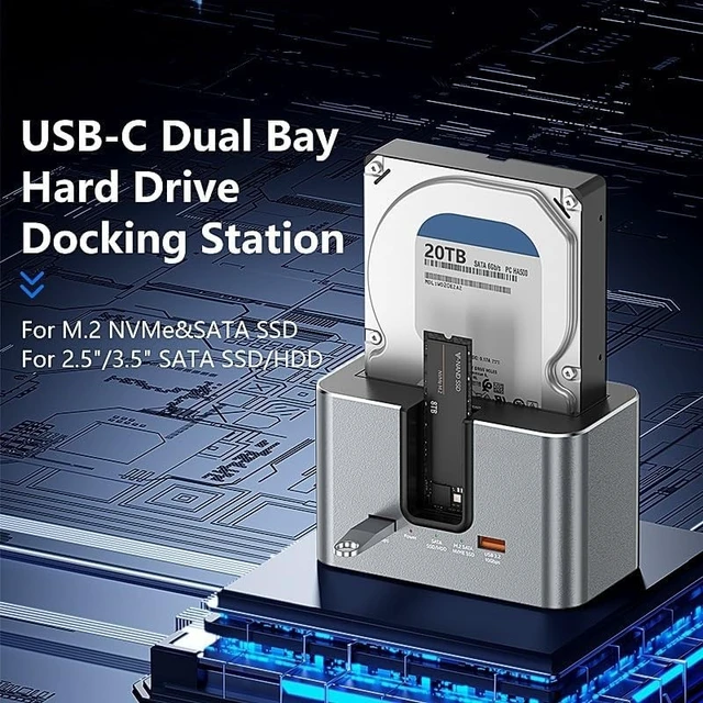 Alt view image 4 of 5 - Bslemon Hybrid Dual-Drive Hard Drive Docking Station, Supports 1SATA HDD/SSD (2.5"/3.5") + 1M.2 NVMe SSD, USB-C Tool-Free External Dock for Data Access & Backup