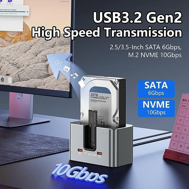 Alt view image 3 of 5 - Bslemon Hybrid Dual-Drive Hard Drive Docking Station, Supports 1SATA HDD/SSD (2.5"/3.5") + 1M.2 NVMe SSD, USB-C Tool-Free External Dock for Data Access & Backup