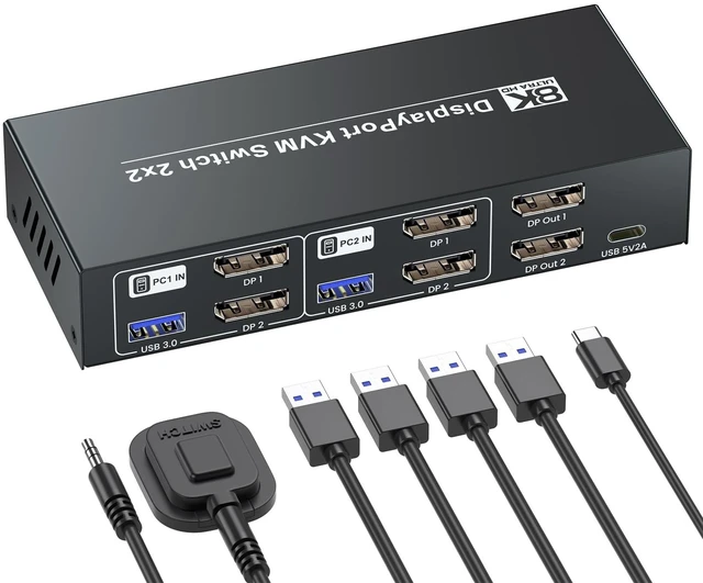 Main image of 8K@60Hz 4K@120Hz Displayport KVM Switch 2 Monitors 2 Computers, USB 3.0 Dual Monitor DP KVM Switch for 2 PCs Share 2 Monitors and 4 Port USB 3.0
