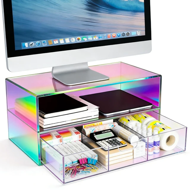 Main image of Gelite Acrylic Computer Monitor Stand for Desk Monitor Riser with Drawer Desktop Monitor Shelf with Storage, Iridescent