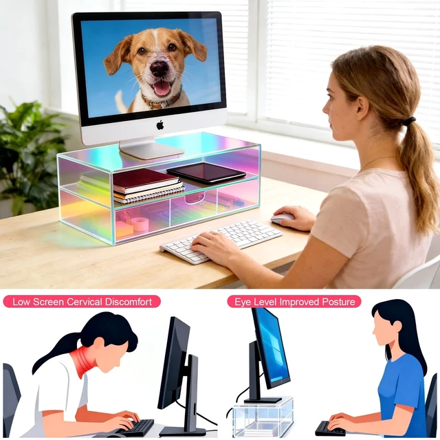 Alt view image 3 of 5 - Gelite Acrylic Computer Monitor Stand for Desk Monitor Riser with Drawer Desktop Monitor Shelf with Storage, Iridescent