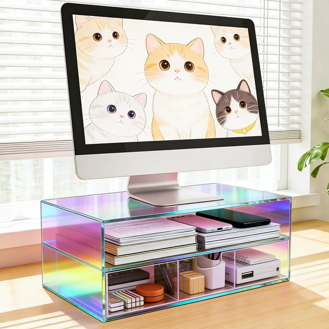 Alt view image 4 of 5 - Gelite Acrylic Computer Monitor Stand for Desk Monitor Riser with Drawer Desktop Monitor Shelf with Storage, Iridescent