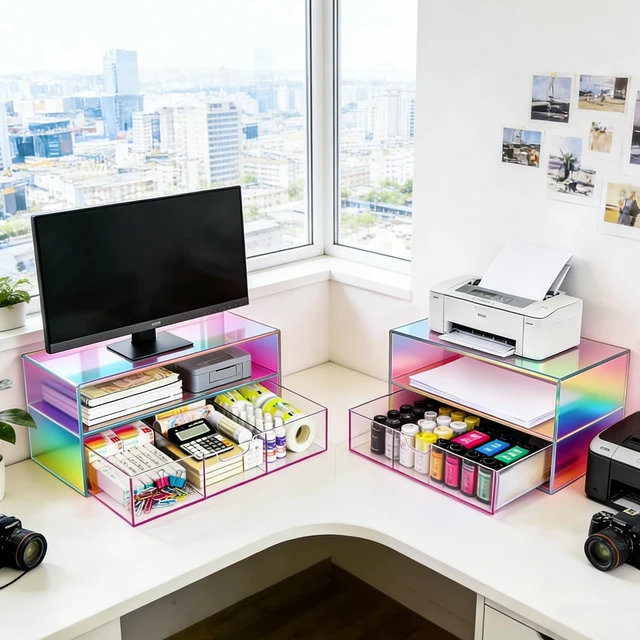Alt view image 5 of 5 - Gelite Acrylic Computer Monitor Stand for Desk Monitor Riser with Drawer Desktop Monitor Shelf with Storage, Iridescent