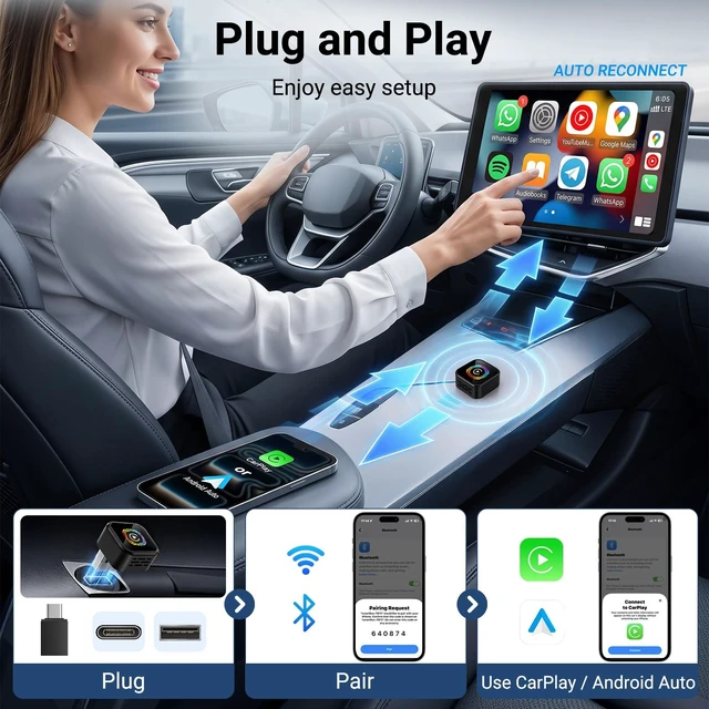 Alt view image 2 of 5 - Wireless CarPlay Adapter, 2-in-1 Mini CarPlay & Android Auto, Plug & Play