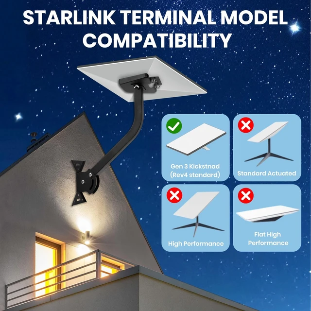 Alt view image 2 of 5 - Starlink Gen 3 Roof Mount Adjustable Pivot Wall Mount for Starlink Gen3 Heavy Duty Pole Mounting Kit with Metal Gen 3 Pipe Adapter for Standard V3 Dish (Black)