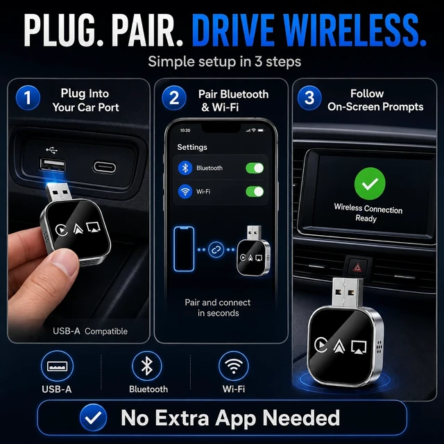 Alt view image 5 of 5 - Wireless Carplay Adapter Screen Mirroring for Car Auto Link Pro 2026 Bluetooth Connect Device Play for Apple Movie Player Watch Accessories USB Portable Box Cool Video Gadgets with iPhone