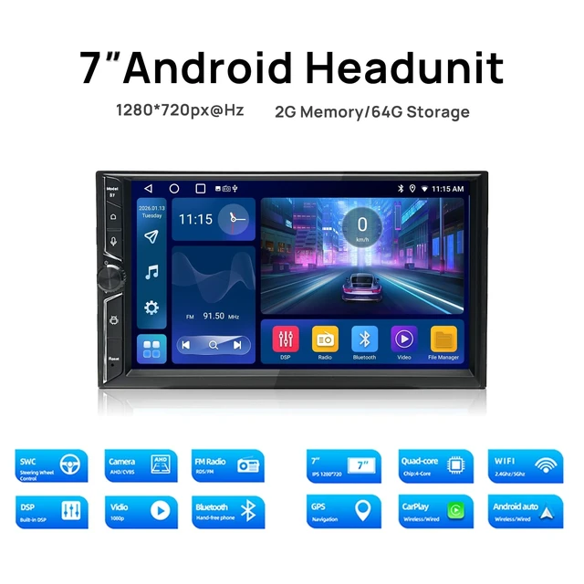 Alt view image 3 of 5 - Double Din Car Stereo, 7" QLED Touchscreen 1280720, 2GB RAM 64GB ROM, Wireless CarPlay & Android Auto, Android 9 Quad-Core, Built-in GPS, Bluetooth 5.4, 5G WiFi, Backup Camera Support