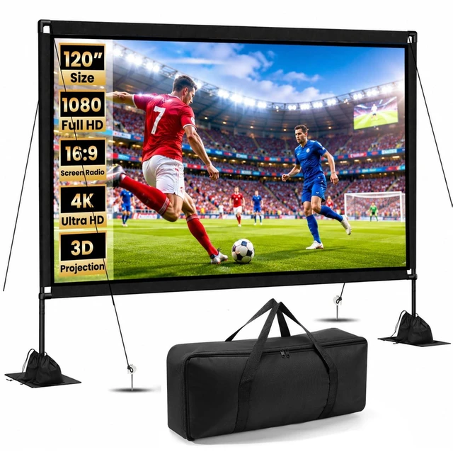 Main image of 120 inch Projector Screen with Stand, 16:9 4K HD Portable Outdoor Indoor Movie Screen, Lightweight Projection Screen with Carry Bag & Sandbag for Backyard, Home Theater, Camping, Home