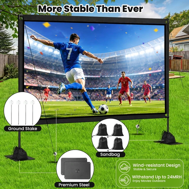 Alt view image 5 of 5 - 120 inch Projector Screen with Stand, 16:9 4K HD Portable Outdoor Indoor Movie Screen, Lightweight Projection Screen with Carry Bag & Sandbag for Backyard, Home Theater, Camping, Home