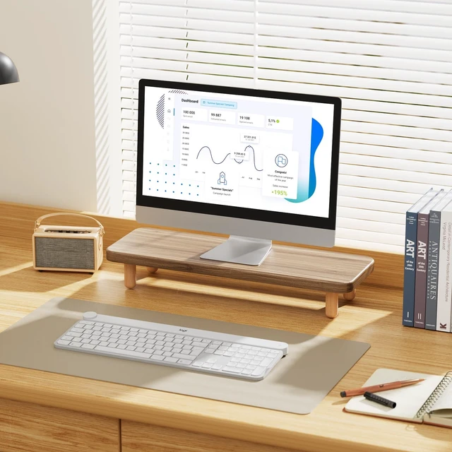 Alt view image 5 of 5 - Monitor Stand Riser, 24 Inch Wood Desk Organizer with Monitor Stand & Storage Computer Monitor and Laptop Riser Multifunctional Laptop Stand Desk Organizer for Office Home Screen/Laptop/PC -Light Waln