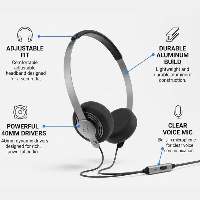 Alt view image 3 of 5 - Gadhouse Wesley Wired On-Ear Headphones with Microphone 40mm Dynamic Drivers, Retro 80s Style Headphones for Music & Calls, Lightweight PU Leather Headband, Includes USB-C & 6.35mm Adapters, 105g