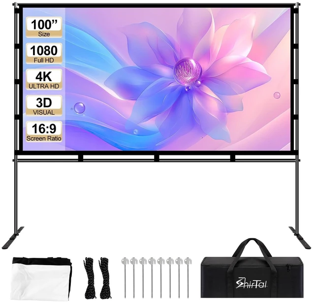 Main image of Shirtal 100 Inch Projector Screen,Portable Projector Screen with Stand,16:9 4K HD Anti-Crease Indoor Outdoor Movie Screen with Carry Bag for Camping Home Theater