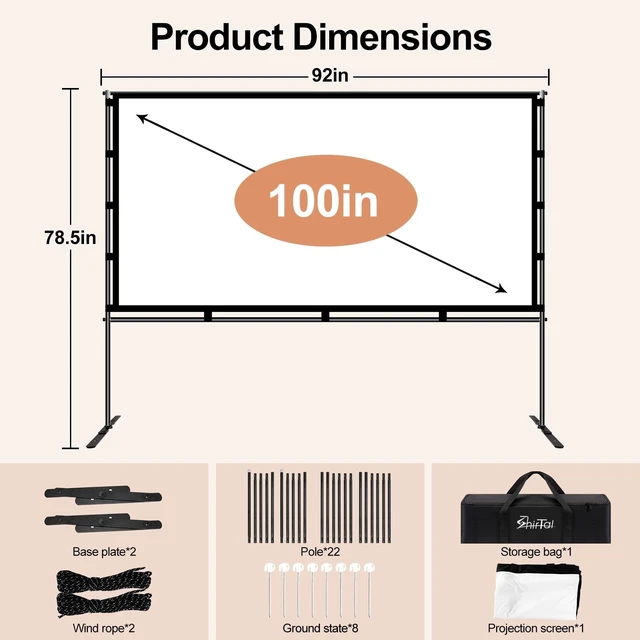 Alt view image 2 of 5 - Shirtal 100 Inch Projector Screen,Portable Projector Screen with Stand,16:9 4K HD Anti-Crease Indoor Outdoor Movie Screen with Carry Bag for Camping Home Theater