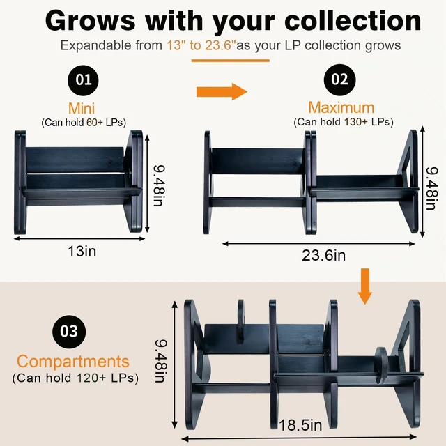 Alt view image 2 of 5 - Vinyl Record Storage,Expandable & Detachable Bamboo Tabletop Book Shelf