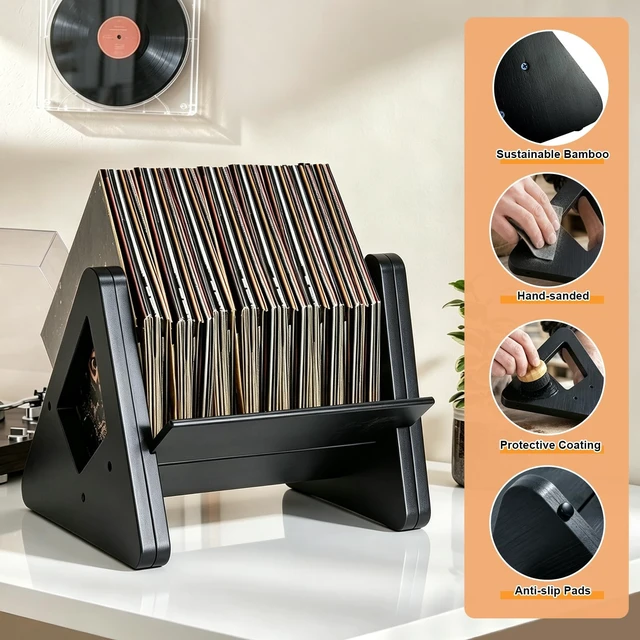 Alt view image 5 of 5 - Vinyl Record Storage,Expandable & Detachable Bamboo Tabletop Book Shelf