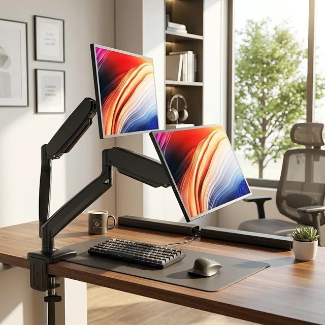Alt view image 2 of 5 - Bellogoo Dual Monitor Mount, Gas Spring Monitor Arm for 2 Monitors up to 32 Inches, Fully Adjustable VESA Desk Mount with C-Clamp and Grommet Base, Black