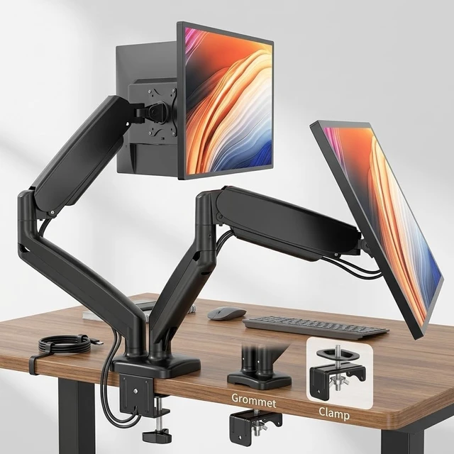 Alt view image 4 of 5 - Bellogoo Dual Monitor Mount, Gas Spring Monitor Arm for 2 Monitors up to 32 Inches, Fully Adjustable VESA Desk Mount with C-Clamp and Grommet Base, Black