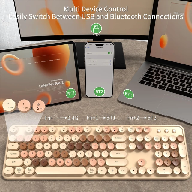 Alt view image 3 of 5 - KEQTFT Cute Colorful Wireless Bluetooth Keyboard, Milk Tea Colorful