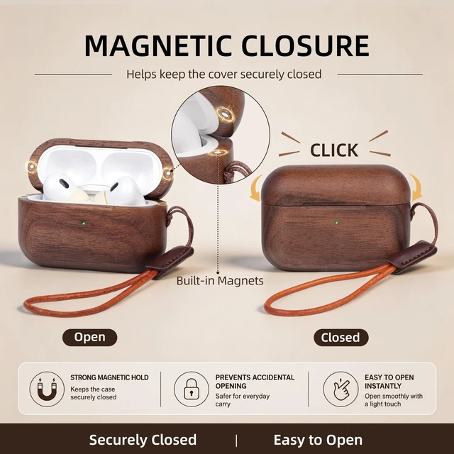 Alt view image 3 of 5 - Wooden AirPods Pro 2 Case, North American Walnut, Unique Natural Wood Grain