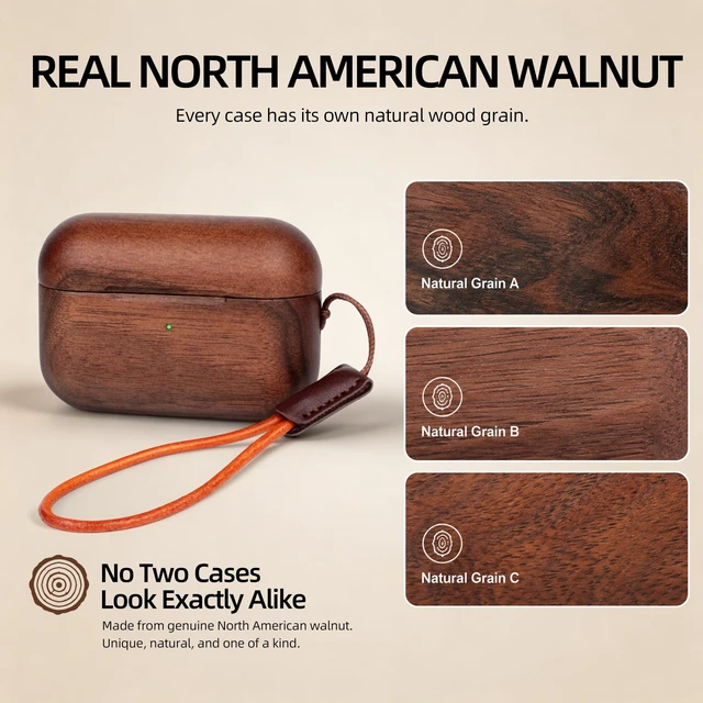 Alt view image 2 of 5 - Wooden AirPods Pro 2 Case, North American Walnut, Unique Natural Wood Grain