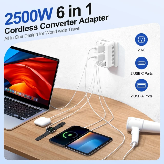 Alt view image 3 of 5 - 1200W Voltage Converter US to Europe, 220V to 110V Power Converter for European Travel 6-in-1 with 2 USB-A, 2 USB-C Port & UK/AU/US/IT/EU Plug Adapters for 200+ Countries
