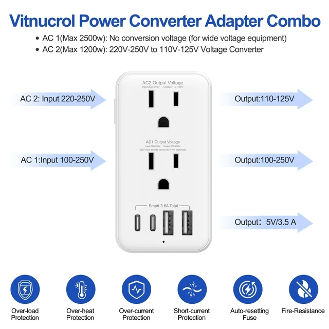 Alt view image 4 of 5 - 1200W Voltage Converter US to Europe, 220V to 110V Power Converter for European Travel 6-in-1 with 2 USB-A, 2 USB-C Port & UK/AU/US/IT/EU Plug Adapters for 200+ Countries