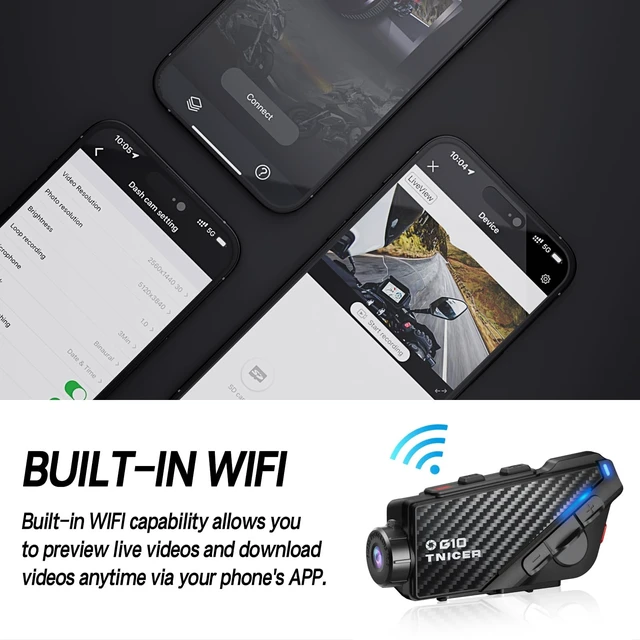 Alt view image 5 of 5 - TNICER Motorcycle Bluetooth Headset with Camera G10 Motorcycle Camera with EIS Helmet Bluetooth Headset 8-Way 1000m WiFi Recording Intercom with 64G Card