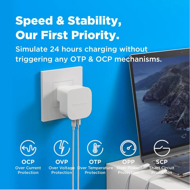 Alt view image 3 of 5 - Innergie 45W USB C Charger, Dual Port Wall Charger 1 USB-C and 1 USB-A, PD 3.0 Fast Charging Block for iPhone 17/16/15 Pro Max, iPad, MacBook, Pixel, Galaxy, and More-White