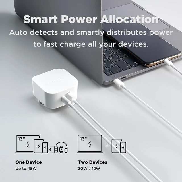 Alt view image 5 of 5 - Innergie 45W USB C Charger, Dual Port Wall Charger 1 USB-C and 1 USB-A, PD 3.0 Fast Charging Block for iPhone 17/16/15 Pro Max, iPad, MacBook, Pixel, Galaxy, and More-White