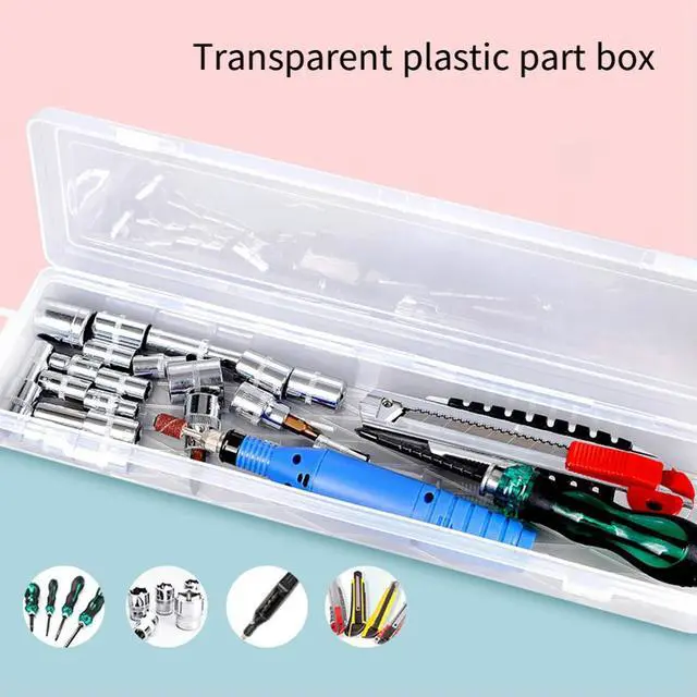 Alt view image 2 of 3 - 14inch transparent long tool box for jewelry pencil case spoon with hanging loop bottom grid reinforcement and lock