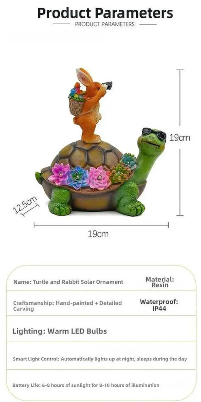 Alt view image 2 of 3 - Resin Turtle Rabbit Solar Light for Outdoor Garden Courtyard Patio Decor Warm LED Illumination 19x12.5x19cm Waterproof