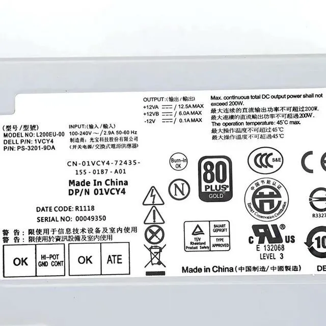 Alt view image 3 of 3 - 200W For 780 790 990 7010 9010 Power Supply L200EU-00 F200EU-00 L180EU-00 L200EU-01 1VCY4 C0G5T 6YWW7 01VCY4