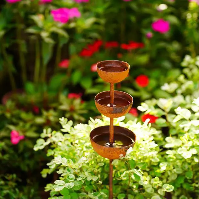 Alt view image 2 of 3 - l Bird Feeder Rainwater Collector Artistic Garden Charm Weather-resistant l Vintage Patina Finish Three-tier Design