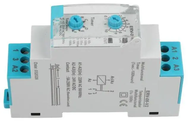 Main image of ERV-08-V2 Timer Relay for For industrial Use 0.1 Second 100 Hour Delay Range Compatible with Standard DIN Rails