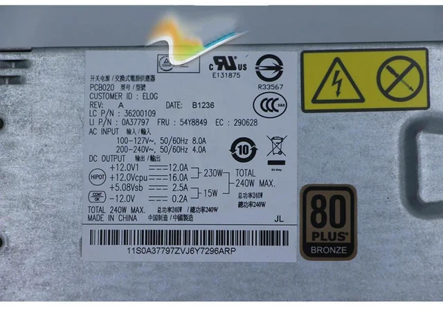 Alt view image 3 of 3 - 240W PSU For H3050 H5050 M82 M92P Power Supply PCB020 54Y8849 HK340-72FP 54Y8901 PS-4241-01 54Y8849 FSP240-40SBV 54Y8897