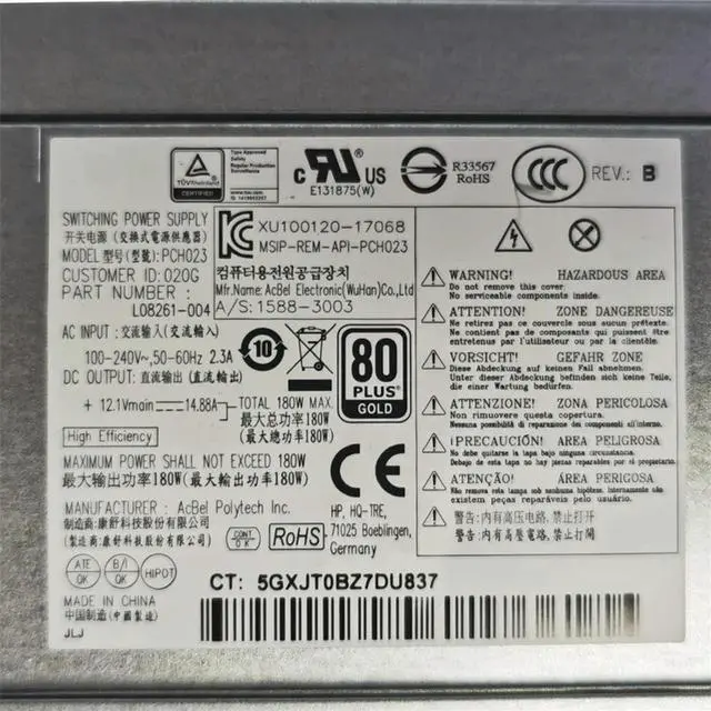 Alt view image 3 of 3 - L08261-004 PCH023 For 280 282 286 288 Pro G3 G4 G5 MT 180W Power Supply 100% Tested